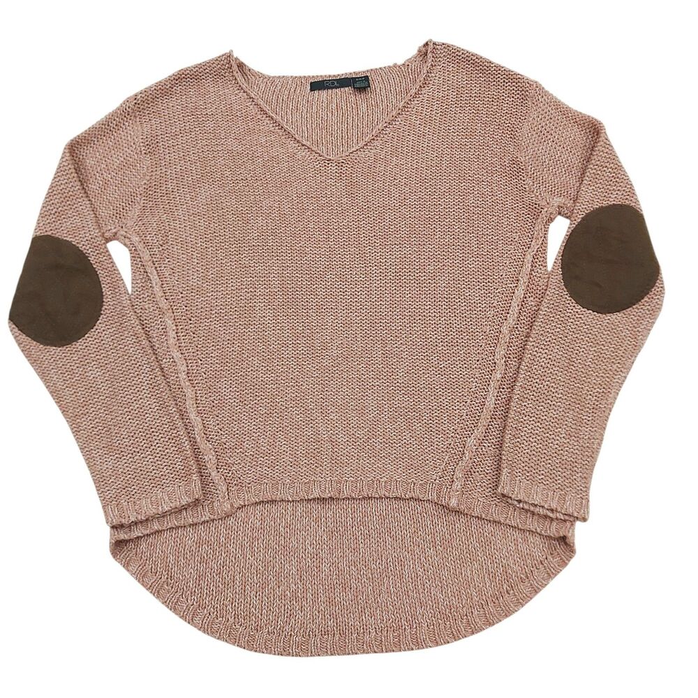 RDI Sweater Womens Small Pink Beige V-Neck Faux Suede Elbow Patch Knit Fall